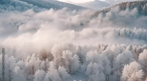 White frost covered trees in winter forest at foggy sunrise Aerial view Road in the mountains 