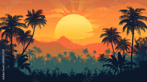 Stunning sunset view casting warm orange hues over a tropical landscape filled with palm trees and distant mountains.