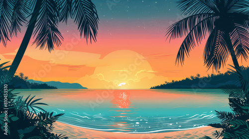 Vibrant illustration of a tropical beach during sunset, featuring calm waters and silhouetted palm trees.