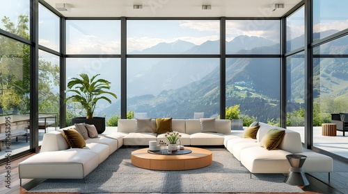 luxurious modern living room interior with panoramic mountain view stylish contemporary decor floortoceiling windows bright sunlit space 3d rendering