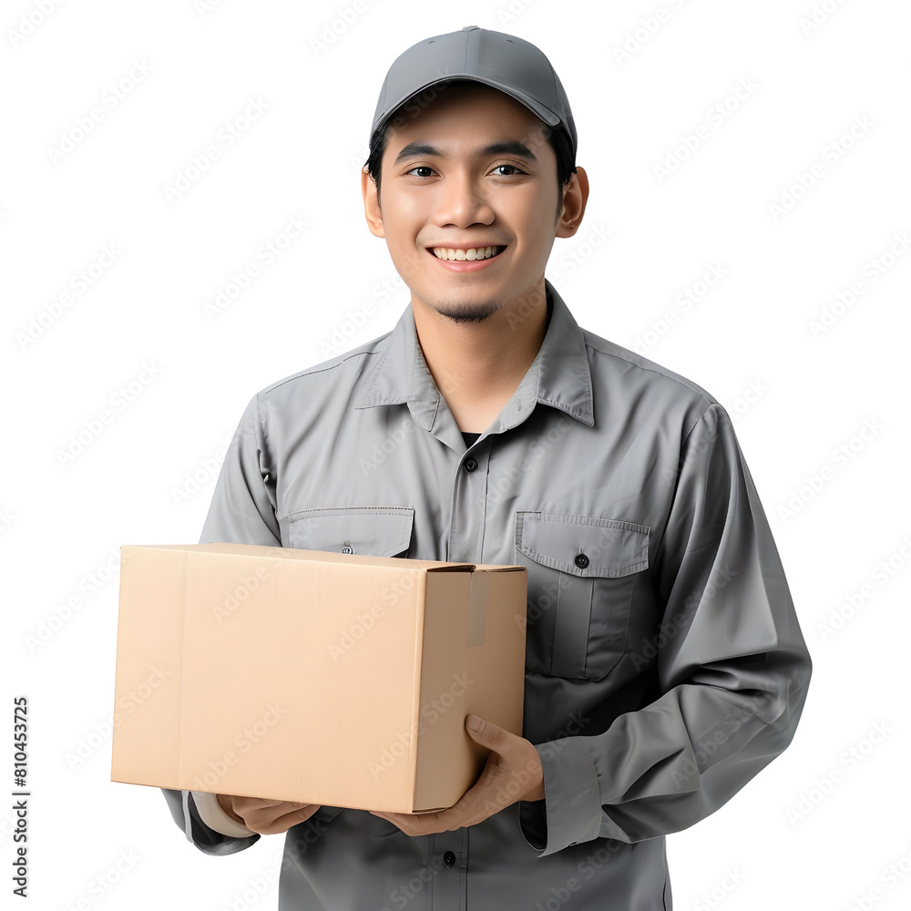 Friendly Asian Delivery Man Holding Cardboard Box with Uniform on White Background Friendly Asian Delivery Man Holding Cardboard Box with Uniform on White Background