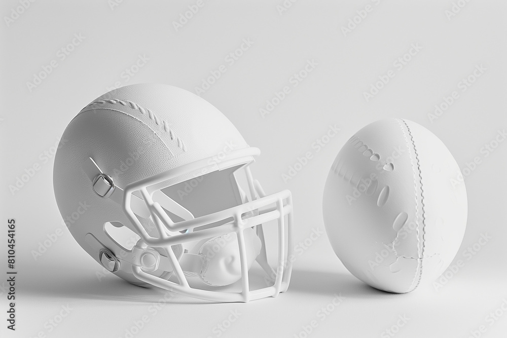 White american football ball and helmet on white background.Photograph with a completely white background, showcasing white elements. Minimal creative sport concept. White american football ball and helmet on white background.Photograph with a completely white background, showcasing white elements. Minimal creative sport concept.