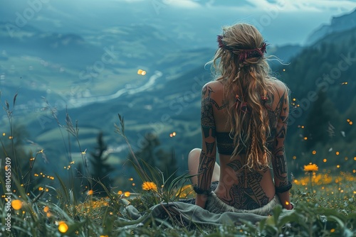 Wild Goddess With Tribal Tattoos Gazing at Fireflies in the Mountain's Glow