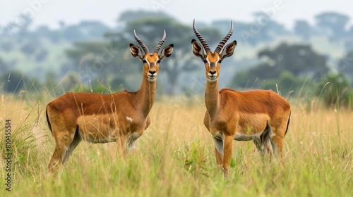 majestic reddishbrown antelope kobus kob thomasi male and female uganda kob in natural savanna habitat wildlife photography photo