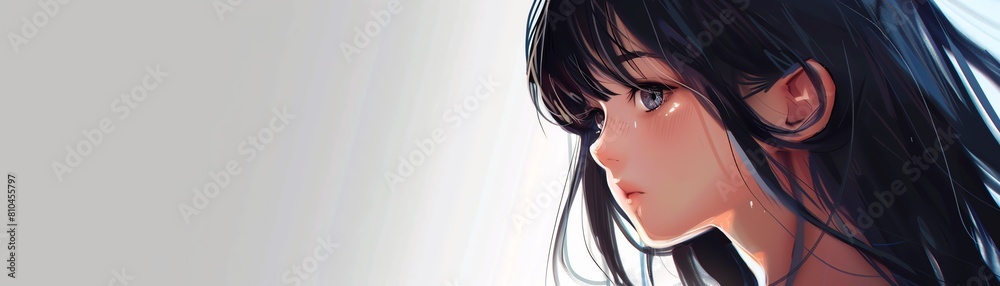 Naklejka premium Bring your advertisement to life with a manga comicstyle banner featuring a captivating girl character set against a simple white backdrop