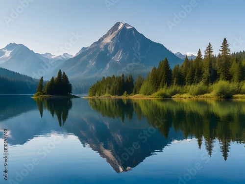 Mountain lake with reflection of mountains in the water generated by ai