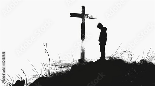 man praying devoutly before a cross silhouette illustration photo