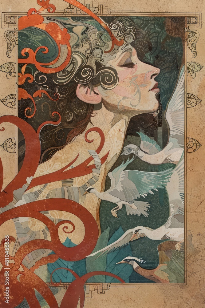 Captivating portrait: girl adorned in the enchanting style of art nouveau, embodying the grace and allure of this timeless artistic movement, a mesmerizing blend of elegance and intricate detailing.