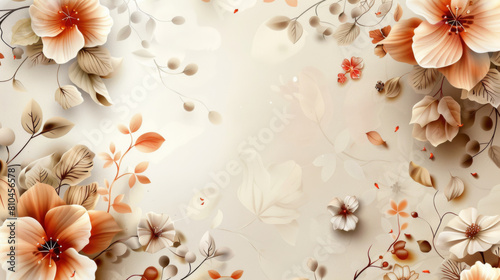 A beautiful  delicate floral background illustration in soft earth tones with a variety of flowers and leaves.