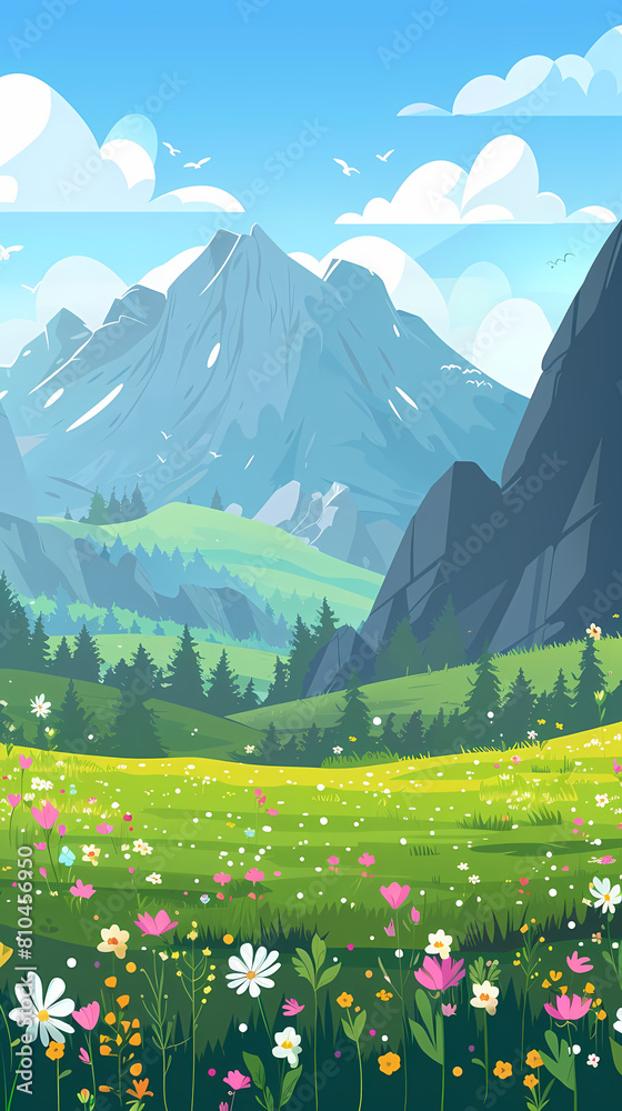 Panoramic view of big mountains and beautiful meadows with flowers. Flat cartoon landscape with nature Stock vector illustration Panoramic view of big mountains and beautiful meadows with flowers. Flat cartoon landscape with nature Stock vector illustration