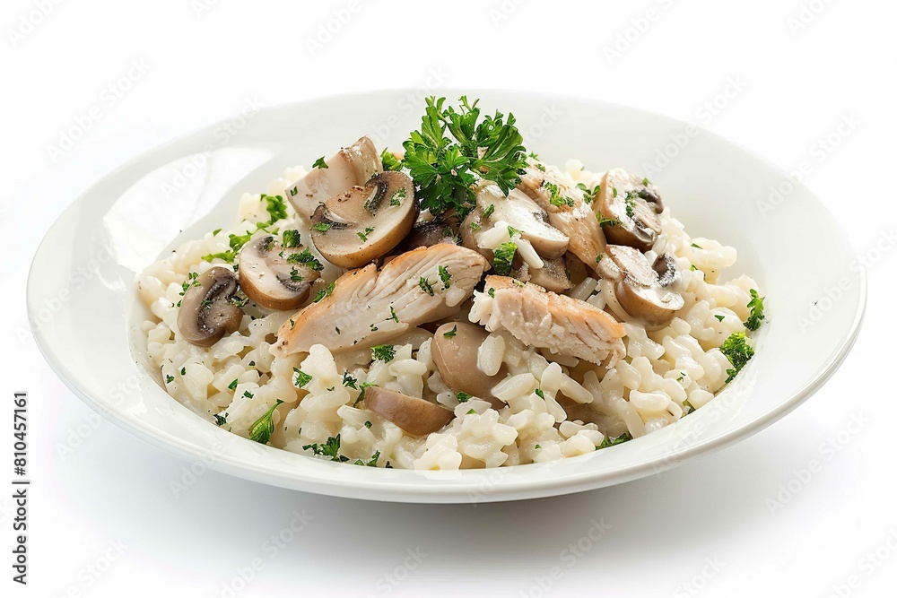 Chicken and Mushroom Risotto, isolated on white Chicken and Mushroom Risotto, isolated on white