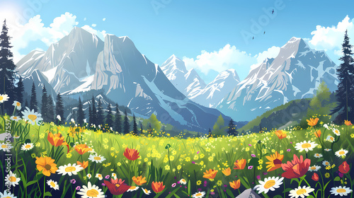 Panoramic view of big mountains and beautiful meadows with flowers. Flat cartoon landscape with nature Stock vector illustration