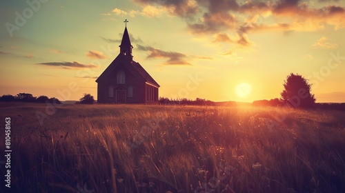 old church in field at sunset vintage style toned landscape photo rural scenery
