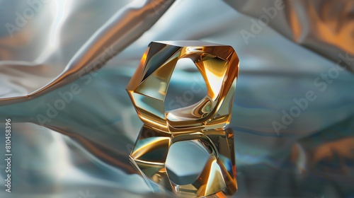 A contemporary geometricshaped ring displayed on a glass surface, reflecting crisp light photo