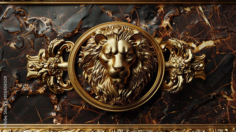 A designer gold belt buckle, adorned with a lions head, against a backdrop of rich mahogany