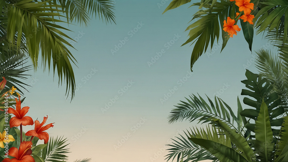 Plain background with tropical leaf frame. generative ai Plain background with tropical leaf frame. generative ai