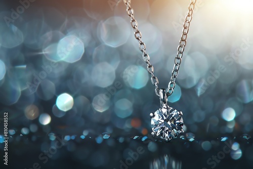 A diamond solitaire necklace suspended in midair with a spotlight casting sparkling reflections