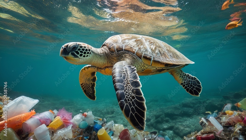 Fototapeta premium A Serene Swim Amidst Pollution: A Sea Turtle's Tale of Environmental Contrast 