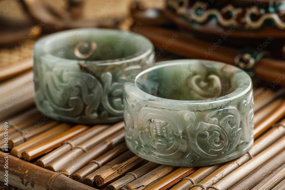 A pair of jade cuff bracelets, each carved with traditional Chinese patterns, on a bamboo mat A pair of jade cuff bracelets, each carved with traditional Chinese patterns, on a bamboo mat