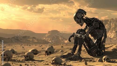 postapocalyptic robot in desert with skulls science fiction book cover illustration futuristic dystopian landscape 3d rendering photo