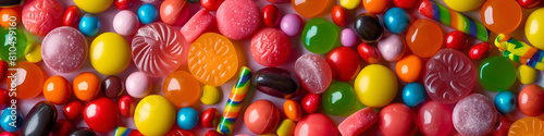 Top down view of various shapes of candies, gummy jellies, lolly, etc photo