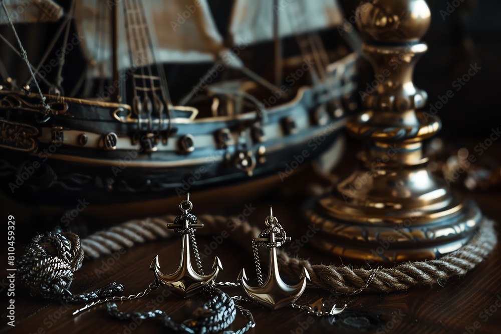 A set of nauticalthemed jewelry, including anchorshaped earrings and a rope bracelet, near a model ship