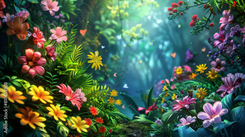 Vibrant illustration of an enchanted forest with a diverse array of flowers and magical glowing lights.