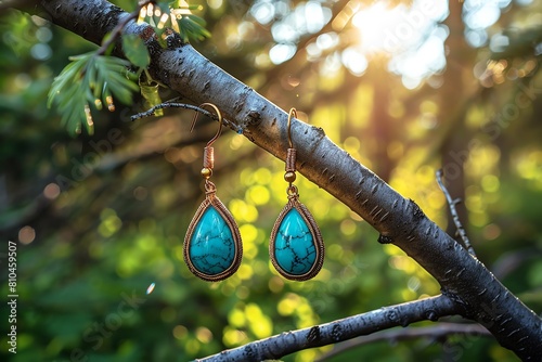 A set of vibrant turquoise drop earrings, dangling from a branch in a sunlit forest scene photo