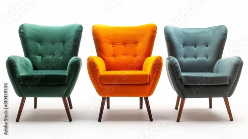 retro vintage armchairs in gray orange and green isolated on white background photo