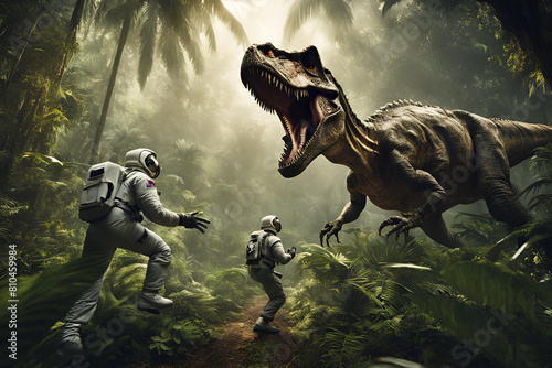 Outdoor photo of astronaut righting off a tyrannosaurs rex dinosaur in a jungle © superbphoto95