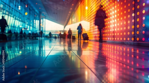 A lone traveler with luggage walks along a brightly lit airport walkway, surrounded by vibrant neon reflections and modern architecture, traveler walking on illuminated airport walkway.