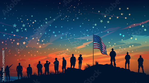 Illustration of a silhouette of people watching fireworks from a hilltop, American flag, patriotic, hd, with copy space