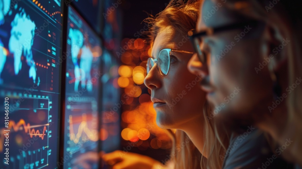 Obraz premium Technology professionals intently study data analytics on multiple monitors in a dimly lit room, tech professionals analyzing data at night, business and marketing concept.