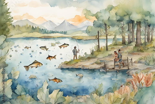 water color cross section of a lake with lots of fish and someone fishing above photo