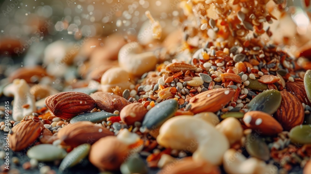 Close-up view of a colorful blend of nuts and seeds, with sparkling water droplets in soft-focus background, dynamic cascade of mixed nuts and seeds. Close-up view of a colorful blend of nuts and seeds, with sparkling water droplets in soft-focus background, dynamic cascade of mixed nuts and seeds.