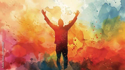 silhouette of a man worshipping with raised hands on abstract watercolor background concept illustration