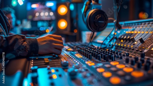 A focused sound engineer in headphones adjusts settings on a sophisticated mixing console in a professional recording studio, sound engineer operating music studio equipment.