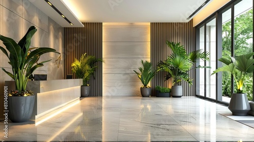 sleek modern interior of upscale office lobby with glossy floor and lush plants 3d rendering