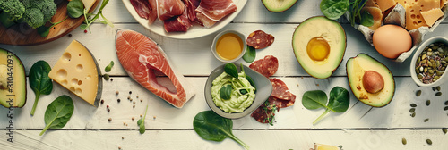 various high dipping foods including meat, fish and cheese on a white wooden table with avocados, eggs, broccoli and spinach in the background, generative AI photo