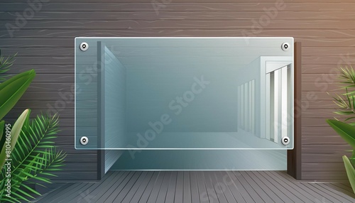 Blank glass nameplate design mockup, 3d rendering. Signplate mock up on the wall near office entrance interior. Signage panel door number template. Clear printing sign board for branding near store