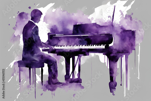 water color Abstract art of person playing piano. color scheme purple, gray, black and white photo