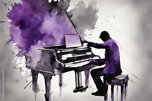 water color Abstract art of person playing piano. color scheme purple, gray, black and white photo