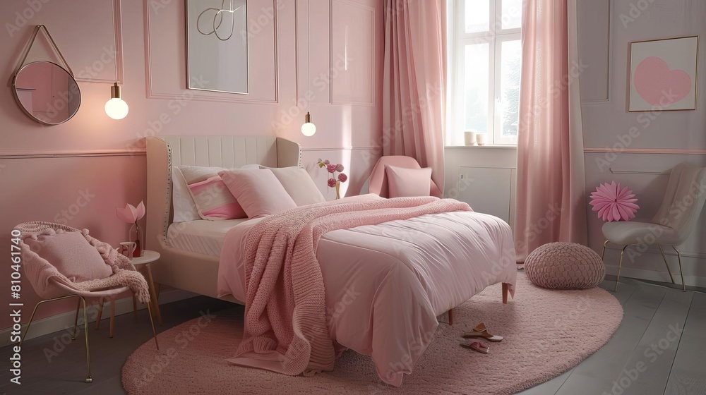 Fototapeta premium stylish teenage girls bedroom interior trendy decor cozy atmosphere modern furniture pastel color scheme
