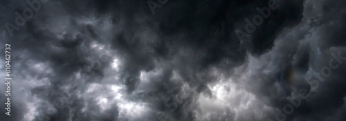 Banner Dramatic dark storm clouds black sky background. Dark thunderstorm clouds rainny season. Panorama Meteorology danger windstorm disasters climate. Dark cloudscape storm cloud with copy space. © aFotostock