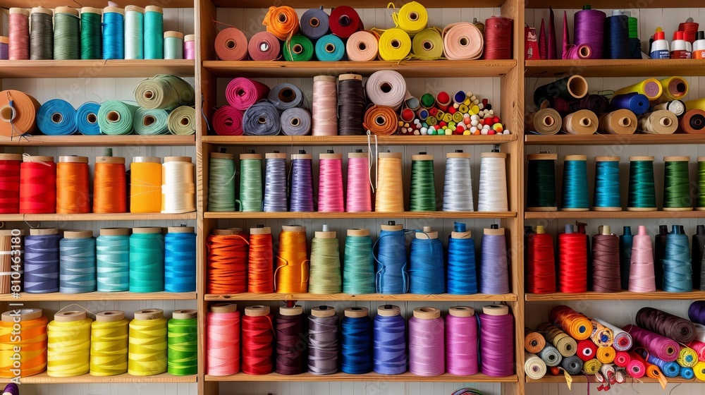 vibrant sewing and crafting supplies neatly organized on wooden shelves creative hobby concept vibrant sewing and crafting supplies neatly organized on wooden shelves creative hobby concept