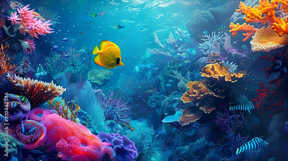 Naklejka premium vibrant tropical fish swimming in a colorful coral reef aquarium digital painting