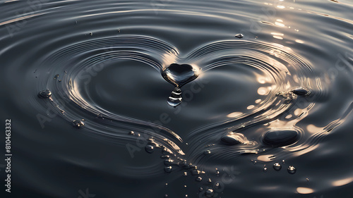 drop descends into the water below the surface, forming a heart shape under the surface of the water, drops engage in a mesmerizing dance of swirling ripple and splash, synchronized movements photo