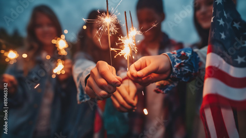 Illustration of a close-up of a group of people holding sparklers together, American flag, patriotic, hd, with copy space