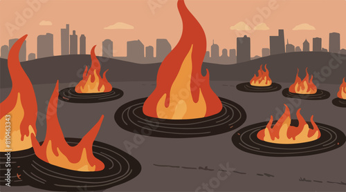 Illustration of Pollution - Smoke From Garbage Burning. Burning fire in the landfill - Occurs smoke cause of air pollution. 