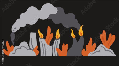 Illustration of Pollution - Smoke From Garbage Burning. Burning fire in the landfill - Occurs smoke cause of air pollution. 